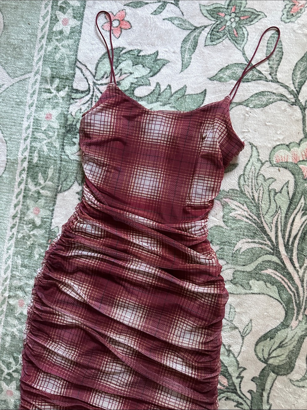 Forever 21 Autumn Ruched Burgundy Plaid Slip Dress with Spaghetti Straps Sz M